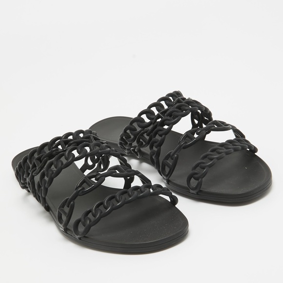 Hermes Shoes - Hermes Black Sandals Woven Design Flat Slides. Chain d'Ancre Flat Slides Size 36